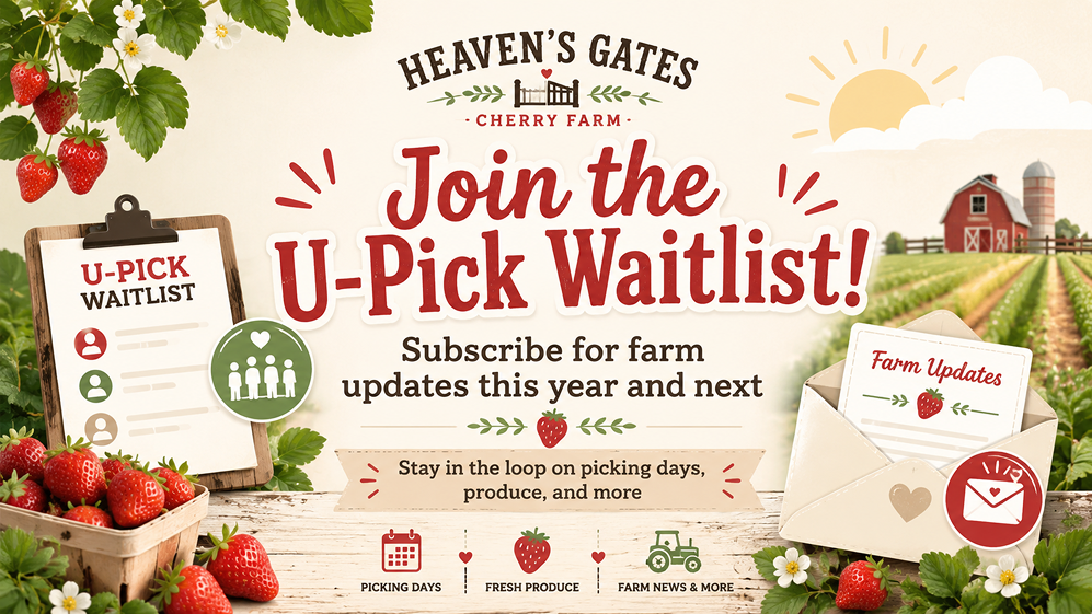Promotional graphic for Heaven’s Gates Cherry Farm showing the new U-Pick waitlist, email farm updates, strawberries, fresh produce, and seasonal farm news.